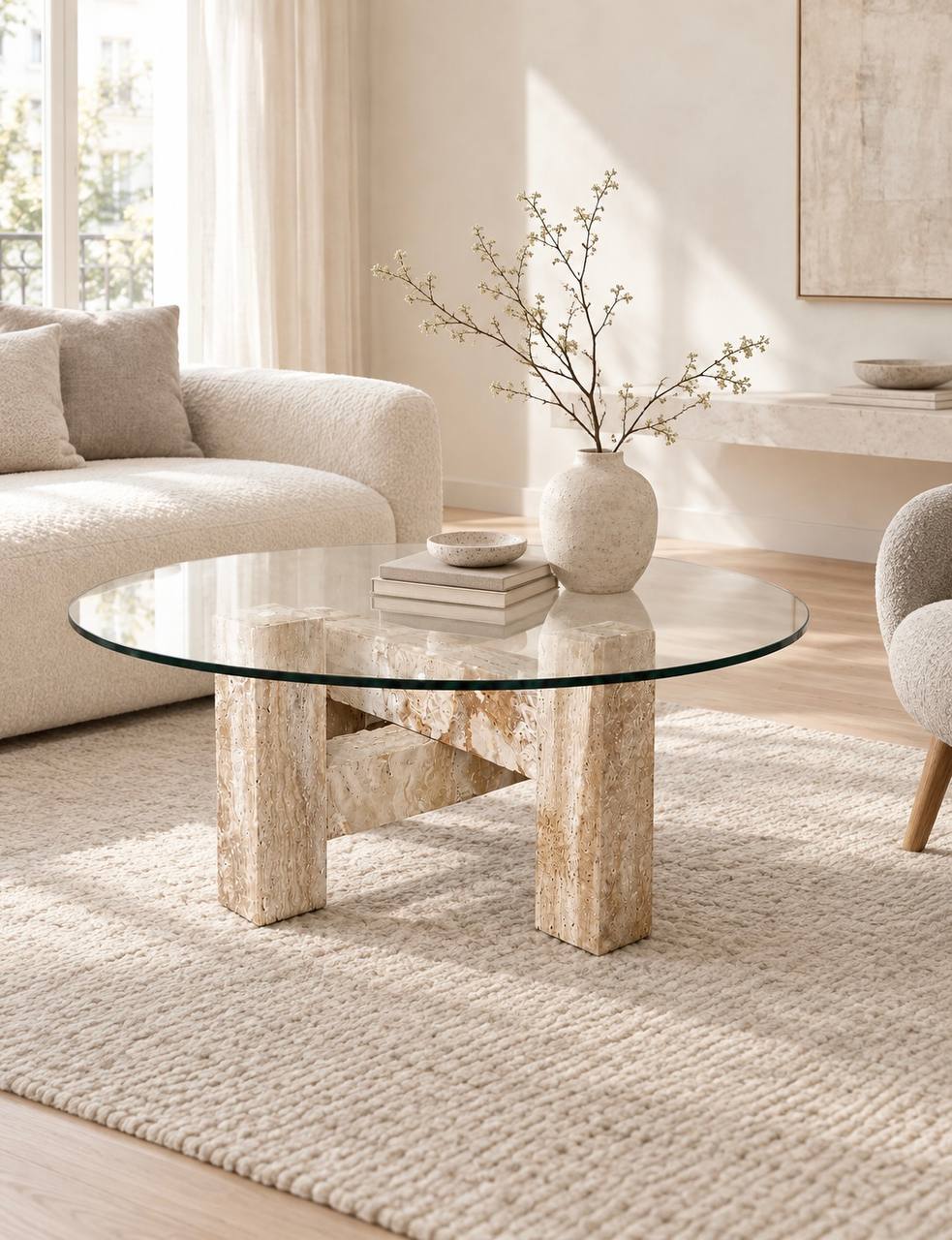 Avela travertine& glass coffee table