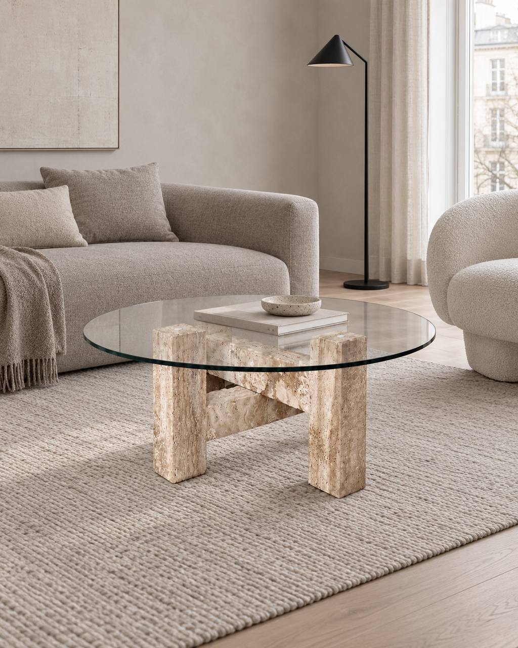 Avela travertine& glass coffee table