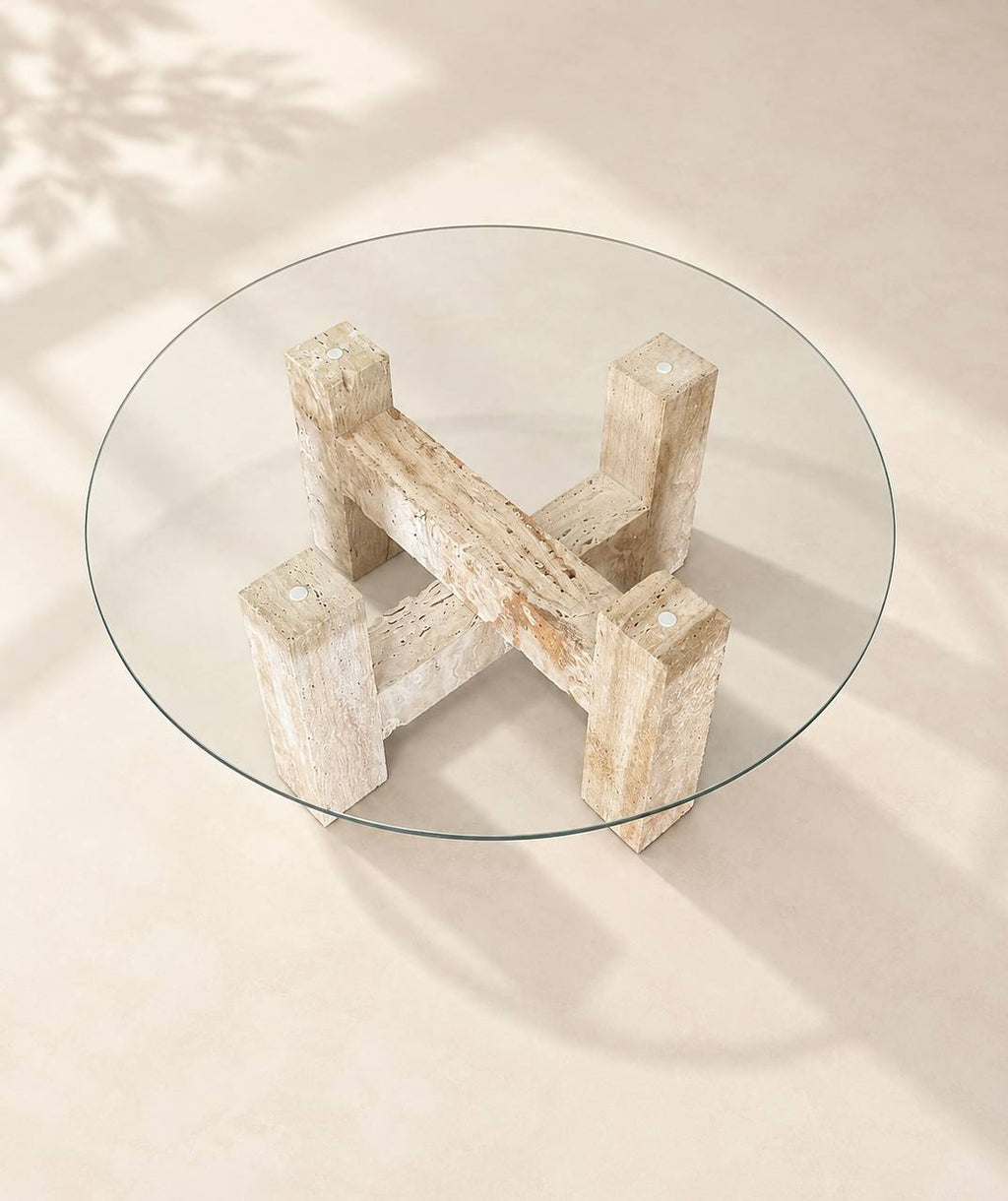 Avela travertine& glass coffee table